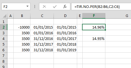 Funci%c3%b3n TIR.NO .PER en Excel Ejemplo1 - Función TIR.NO.PER en Excel
