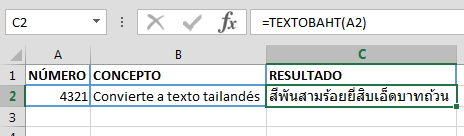 Ejemplo Funci%c3%b3n TEXTOBAHT - Función TEXTOBAHT en Excel