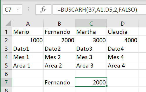Ejemplo BUSCARH en Excel