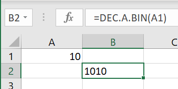 Función DEC.A.BIN en Excel