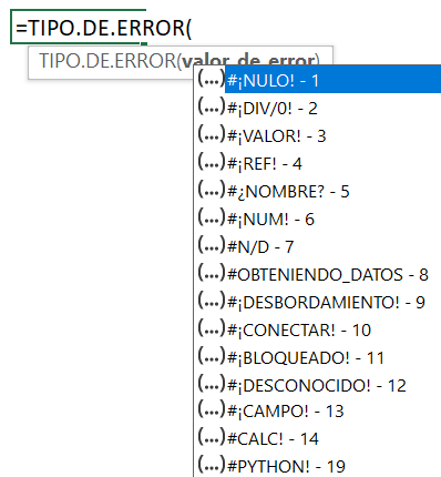 Función TIPO.DE.ERROR Excel