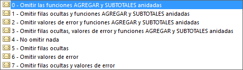 Opciones dentro de la función AGREGAR